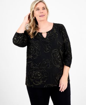 Plus Size Metallic Jacquard 3/4-Sleeve Top