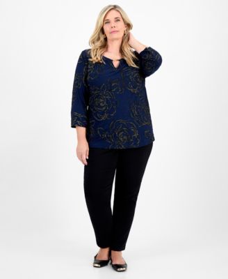 Plus Size Metallic Jacquard 3/4-Sleeve Top