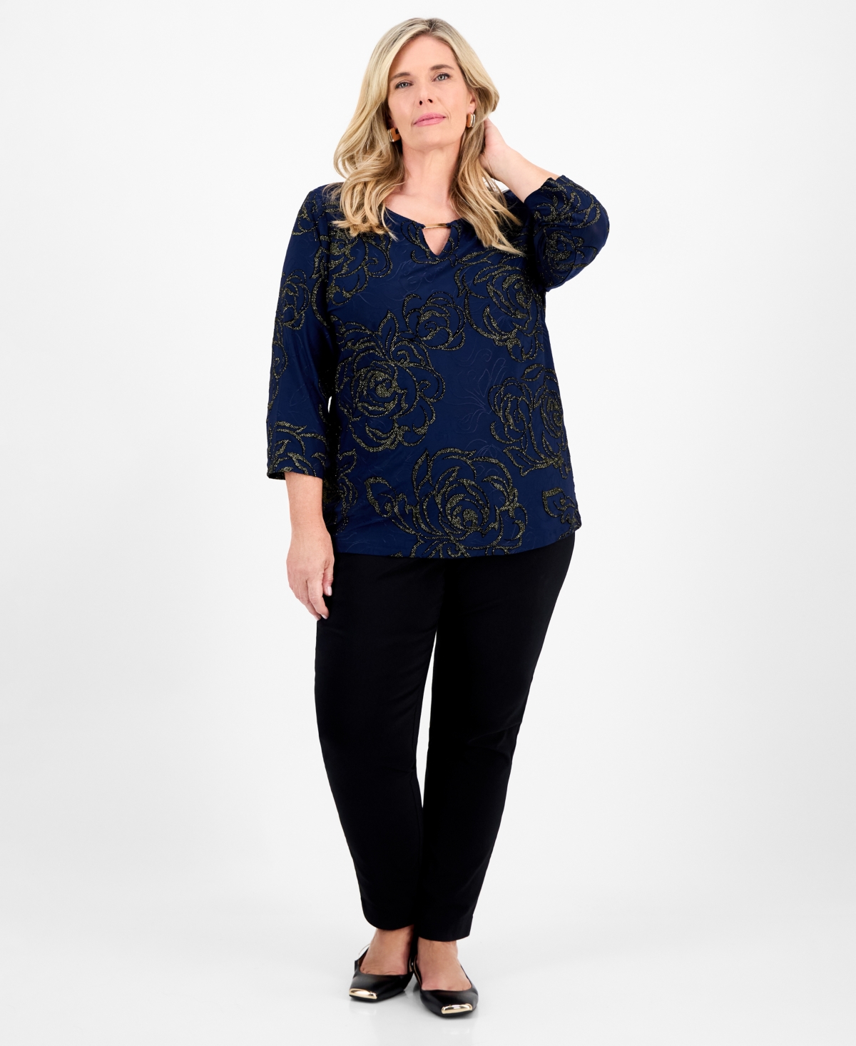 Jm Collection Plus Size Metallic Jacquard 3/4-Sleeve Top, Macy's Exclusive