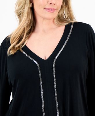 Plus Size Embellished V-Neck 3/4-Sleeve Top, Macy's Exclusive