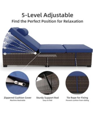 2 PCS All-Weather Outdoor Rattan Patio Chaise Lounge Recliner Chairs with Adjustable Backrest & Cushions for Poolside & Garden