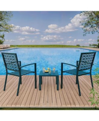 3 PCS Blue Patio Bistro Set, Outdoor Stackable Steel Chairs & Square Coffee Table for Balcony, Porch, Garden, Lawn