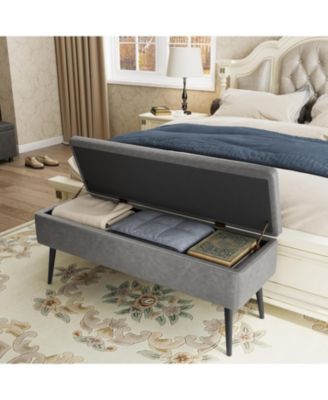 Storage Ottoman Bench, Mid-Century Modern Synthetic Leather, Grey, Safety Hinges, Loads 680 lbs, Entryway & Bedroom