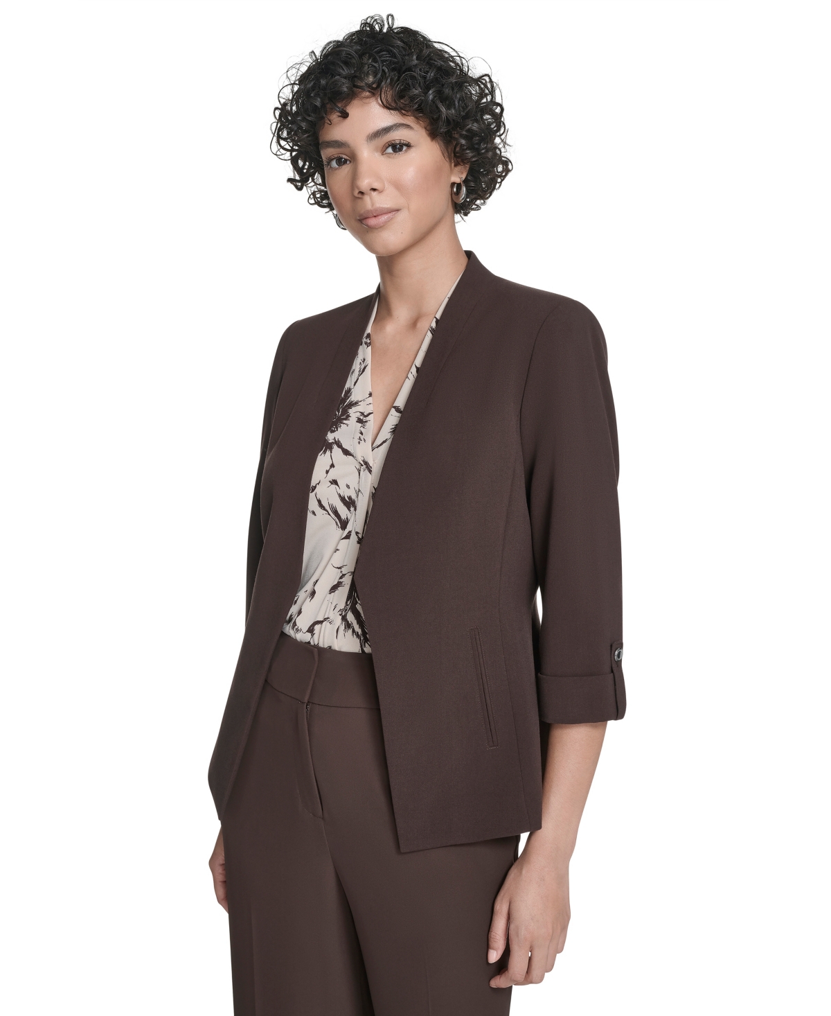 Calvin Klein Petite Open Front Jacket In Brown