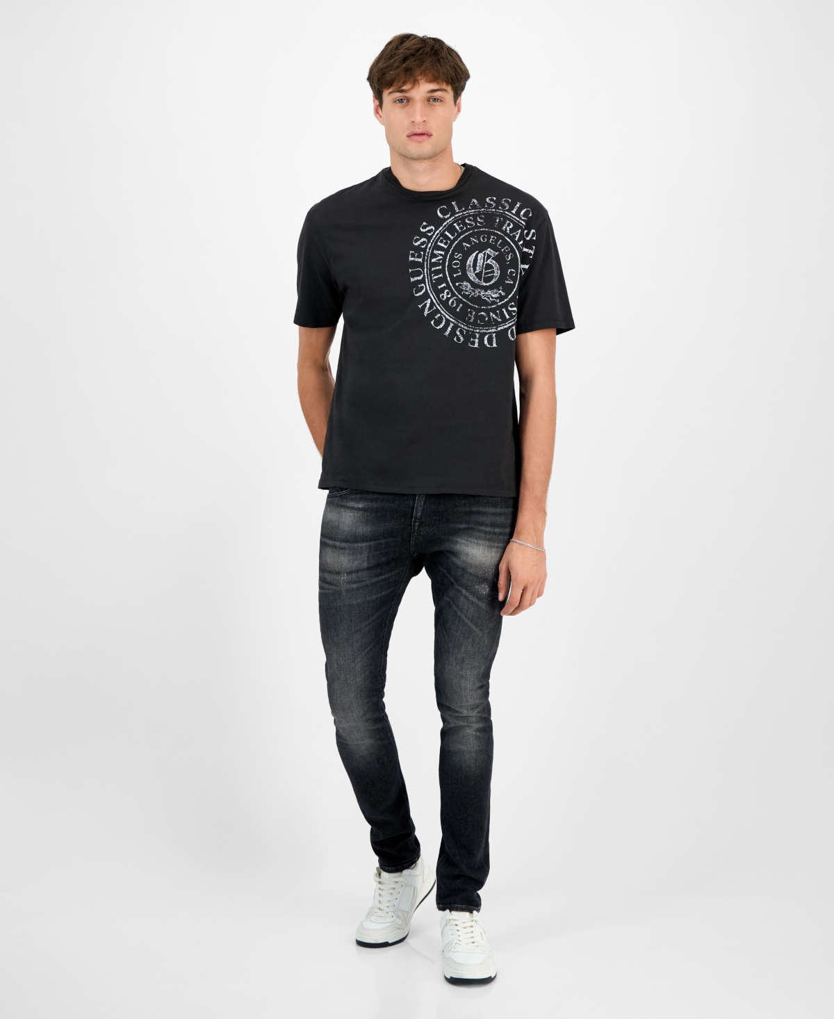 Guess Men's Relaxed Fit Short Sleeve Crewneck Letter Pressed Graphic T-shirt In Black