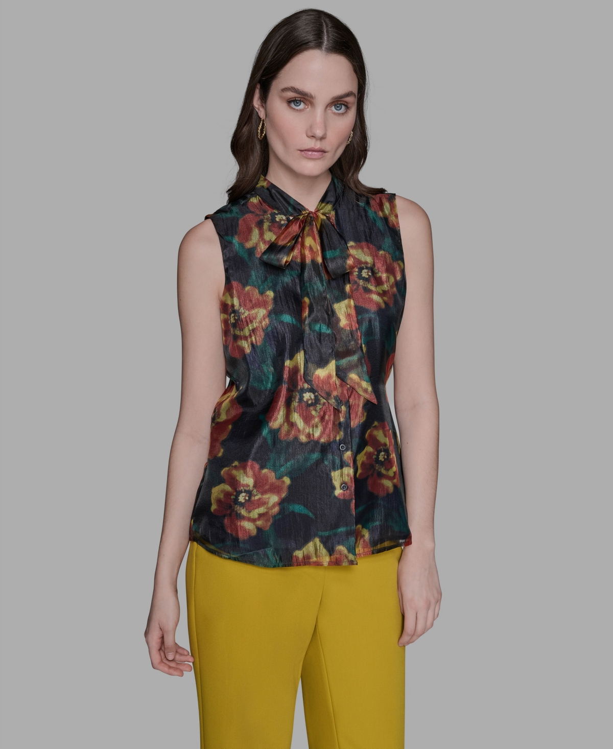Karl Lagerfeld Women's Floral-print Tie-neck Blouse