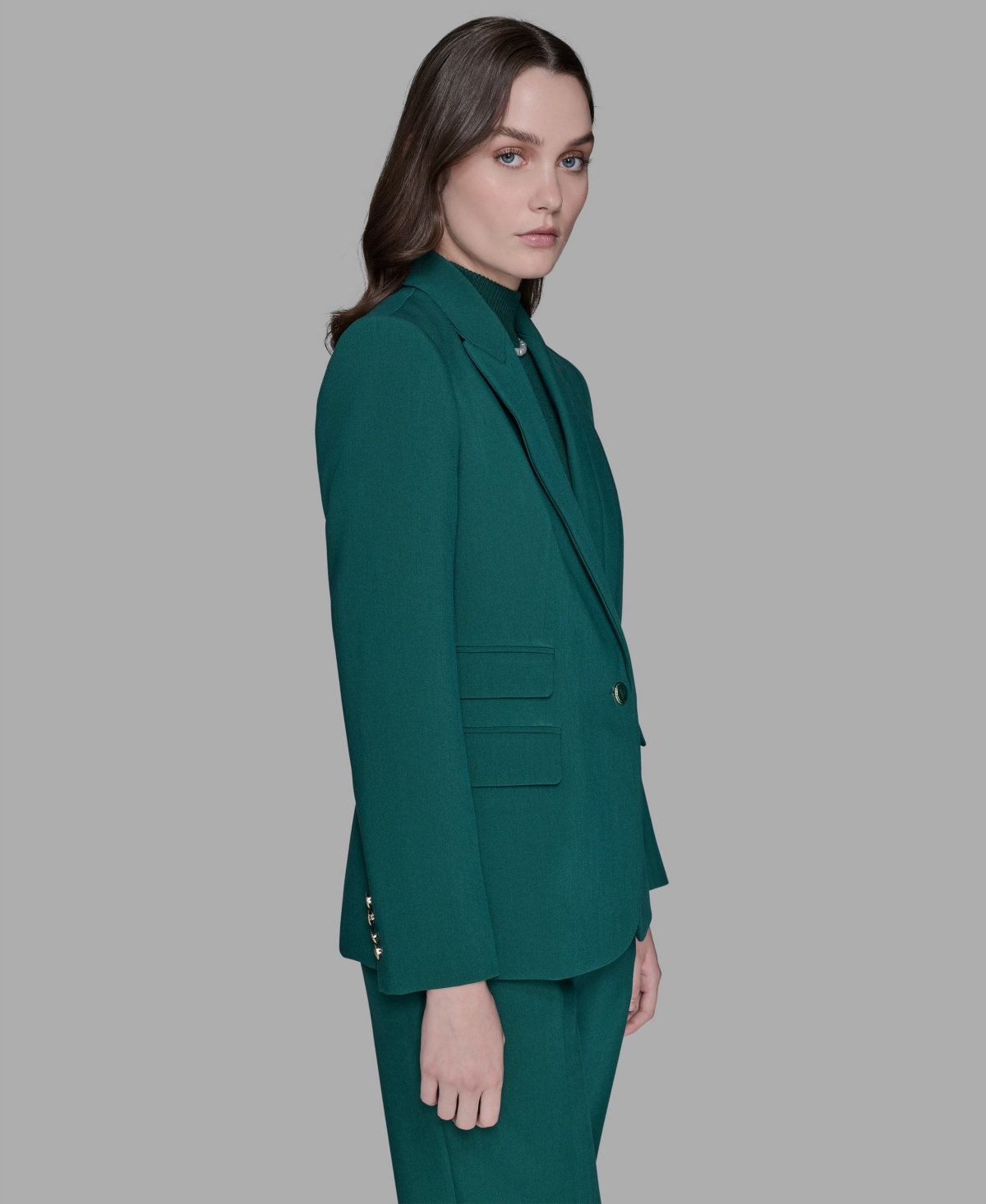 Karl Lagerfeld Womens Straight Leg Pants Bead Embellished Sleeveless Mock Neck Top One Button Blazer In Green