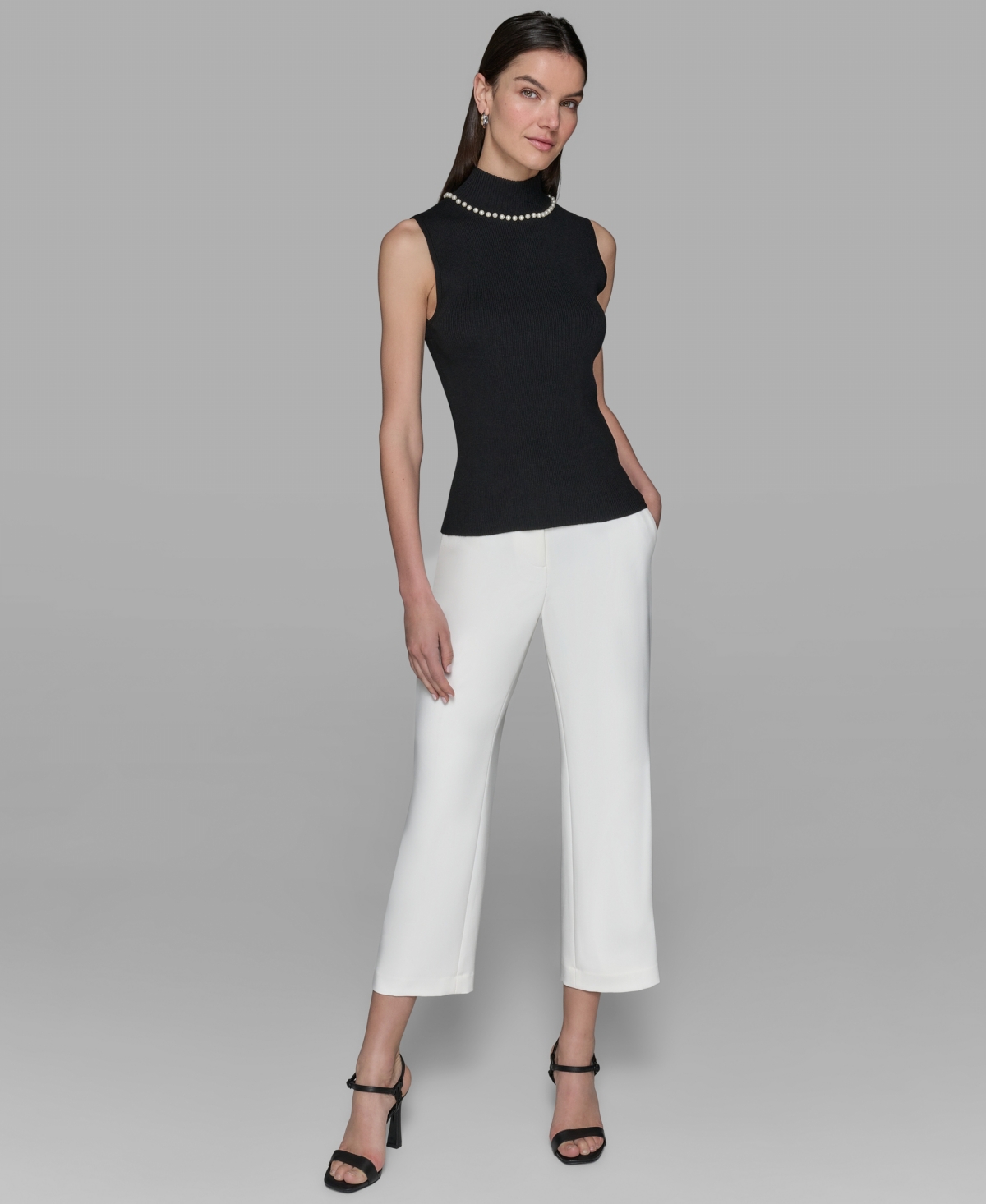 Karl Lagerfeld Women's Bead-embellished Sleeveless Mock-neck Top In Black