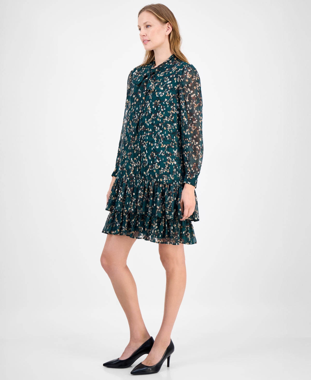 Anne Klein Women's Floral Print Blouson-Sleeve Shirtdress