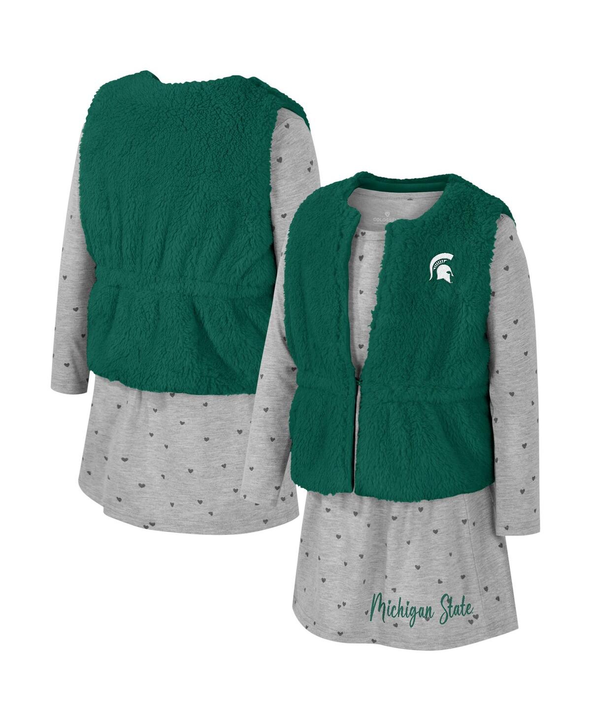 Colosseum Girls Toddler Green Michigan State Spartans Meowing Vest Dress Set In Gray