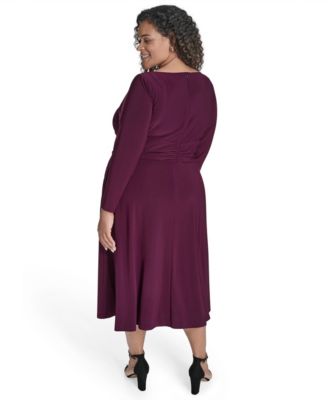 Plus Size Boat Neck Asymmetric Side Ruched Midi Dress