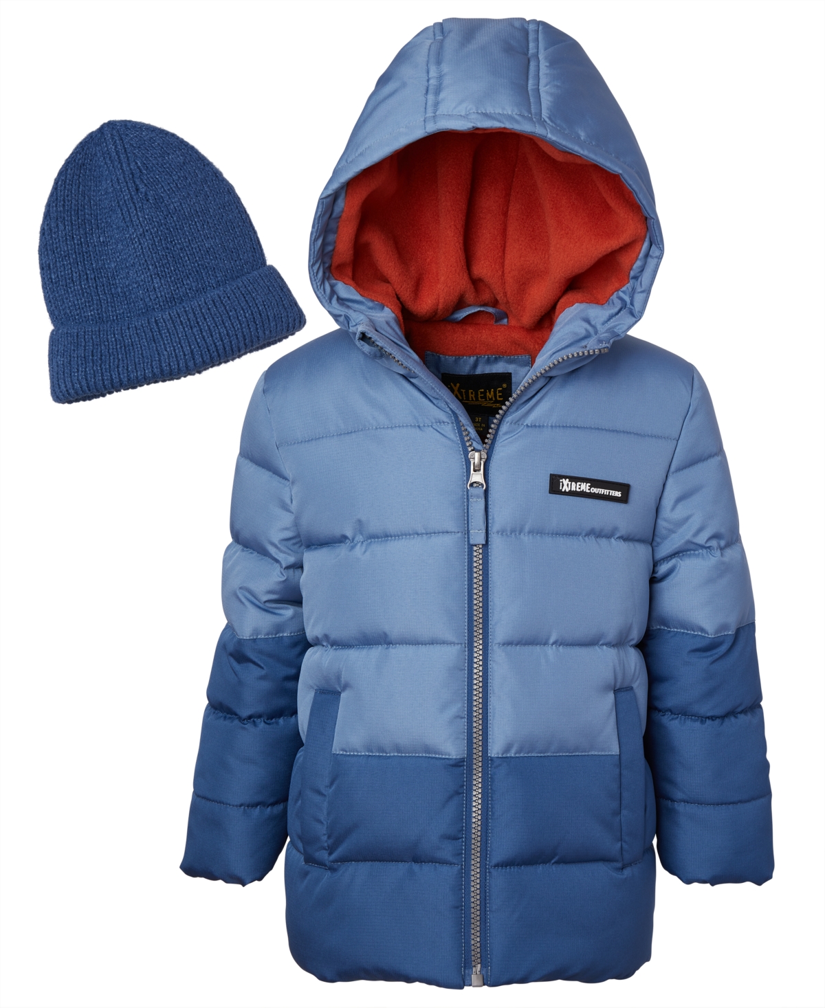 Ixtreme Big Boys Color Blocked Ripstop Puffer Jacket With Beanie In Blue