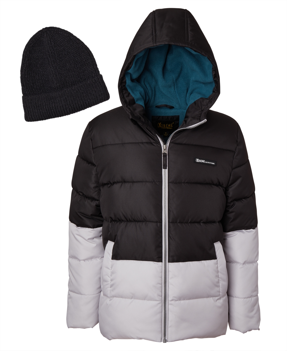 Ixtreme Toddler And Little Boys Color Blocked Ripstop Puffer Jacket With Beanie In Black