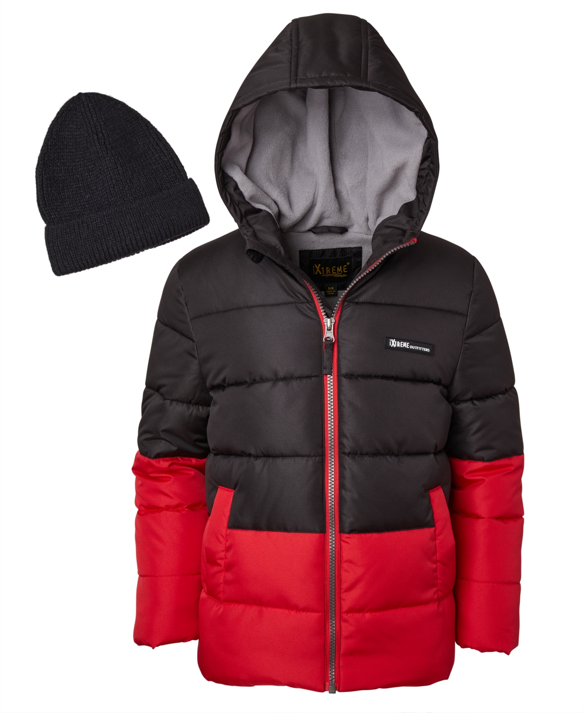 Ixtreme Toddler And Little Boys Color Blocked Ripstop Puffer Jacket With Beanie In Black