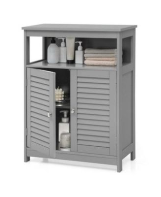 Farmhouse Bathroom Linen Cabinet with Louvered Doors and Open Storage Shelf