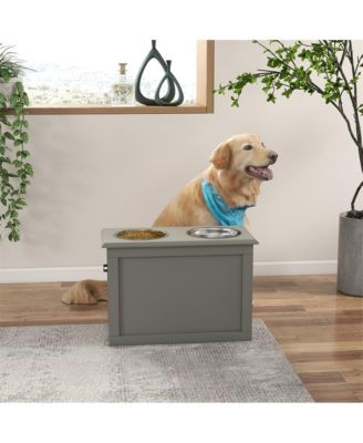 Gray Raised Pet Feeding Station Storage with 2 Stainless Steel Bowls for Large Dogs