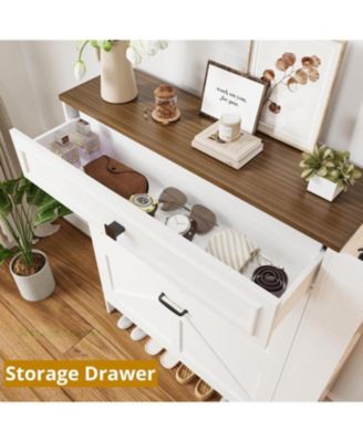 Shoe Storage Cabinet with 2 Flip Drawers and Barn Door, White/Walnut