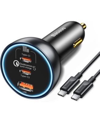 “USB-C car charger with multiple ports, supporting fast charging and compact design.”