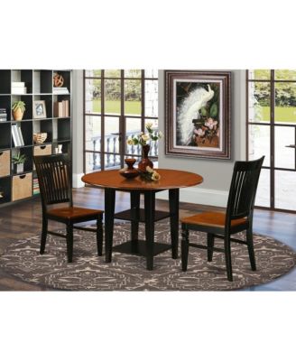 3 Pc Set Round Drop Leaf Dining Table with 2 Slatted Back Wooden Seat Chairs