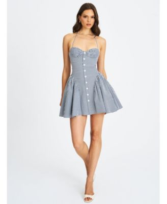 Women Melody Navy Blue Railroad Stripe Halter Drop Waist Mini Dress