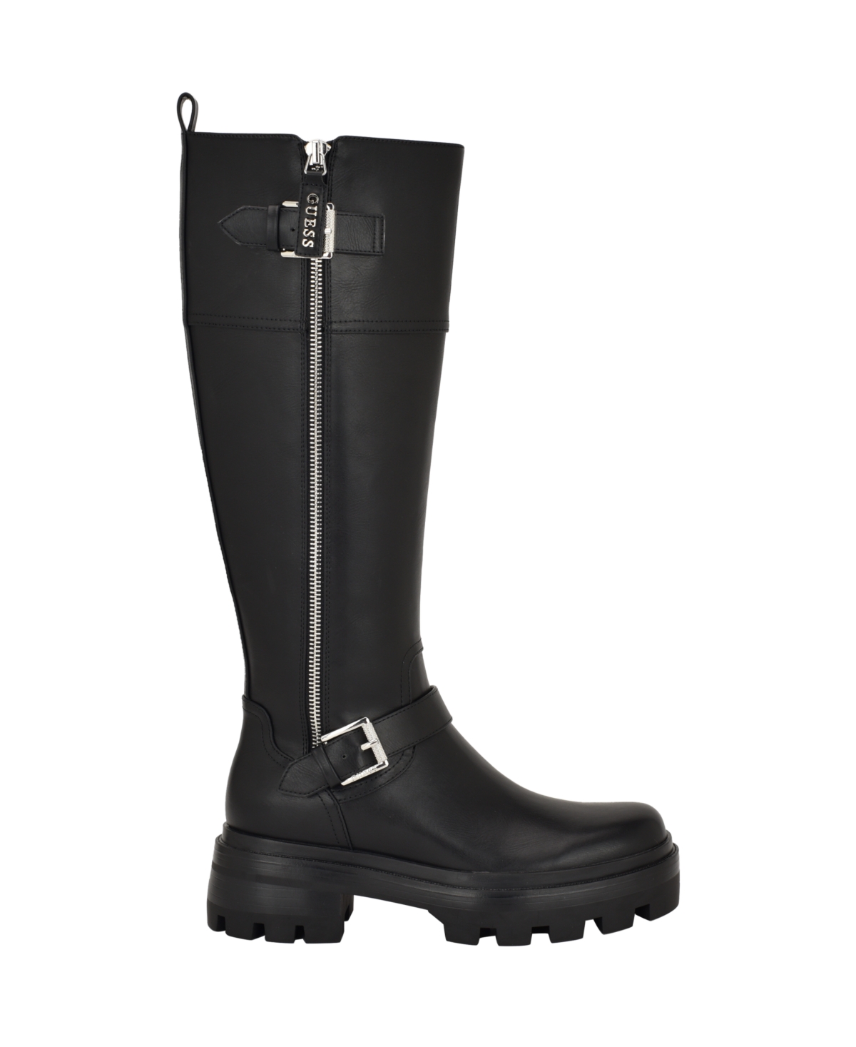 Guess Womens Lynnie Tall Buckle Moto Lug Boots Regular Wide Calf In Black