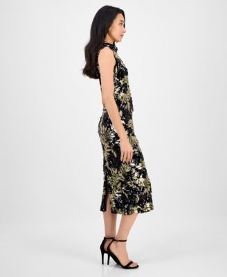 Women's Mock-Neck Sleeveless Sequined Midi Dress