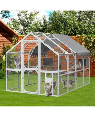 110 in. Outdoor Cat House Cat Enclosures with Platforms Upgrade Waterproof Cover in Gray White