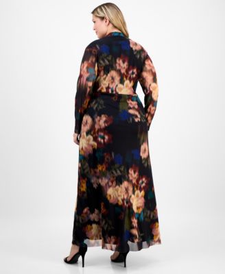 Plus Size Long-Sleeve Twist-Front Mesh Maxi Dress