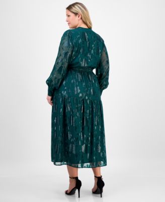 Plus Size Floral Jacquard Blouson-Sleeve Midi Dress