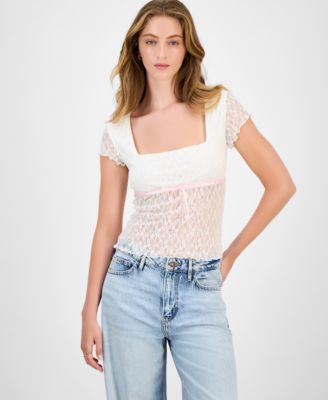 Planet Heart - Juniors' Square-Neck Cap-Sleeve Lace Top
