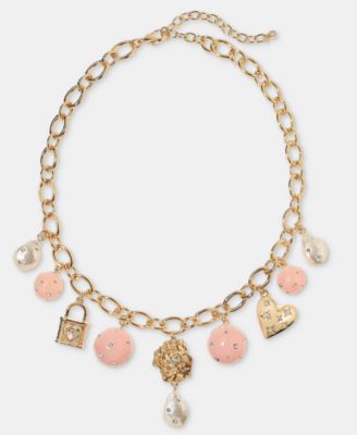 On 34th - Pav&eacute;, Bead & Imitation Pearl Charm Necklace, 16" + 3" extender
