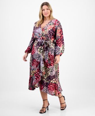 Tahari ASL - Plus Size Ruffle Hem Printed Faux-Wrap Dress