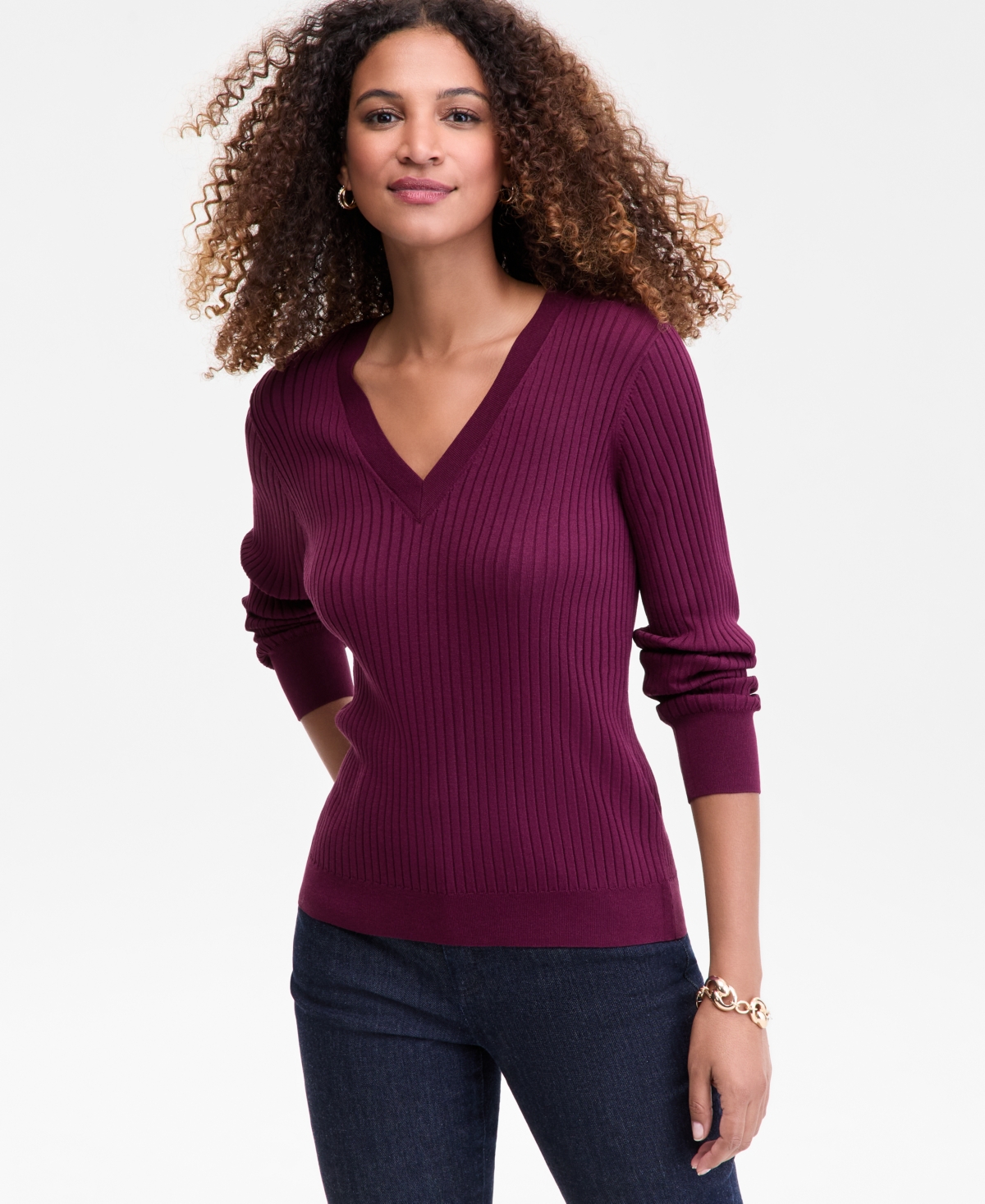 Inc International Concepts Women's Ribbed V-neck Sweater, Macy's Exclusive In Purple