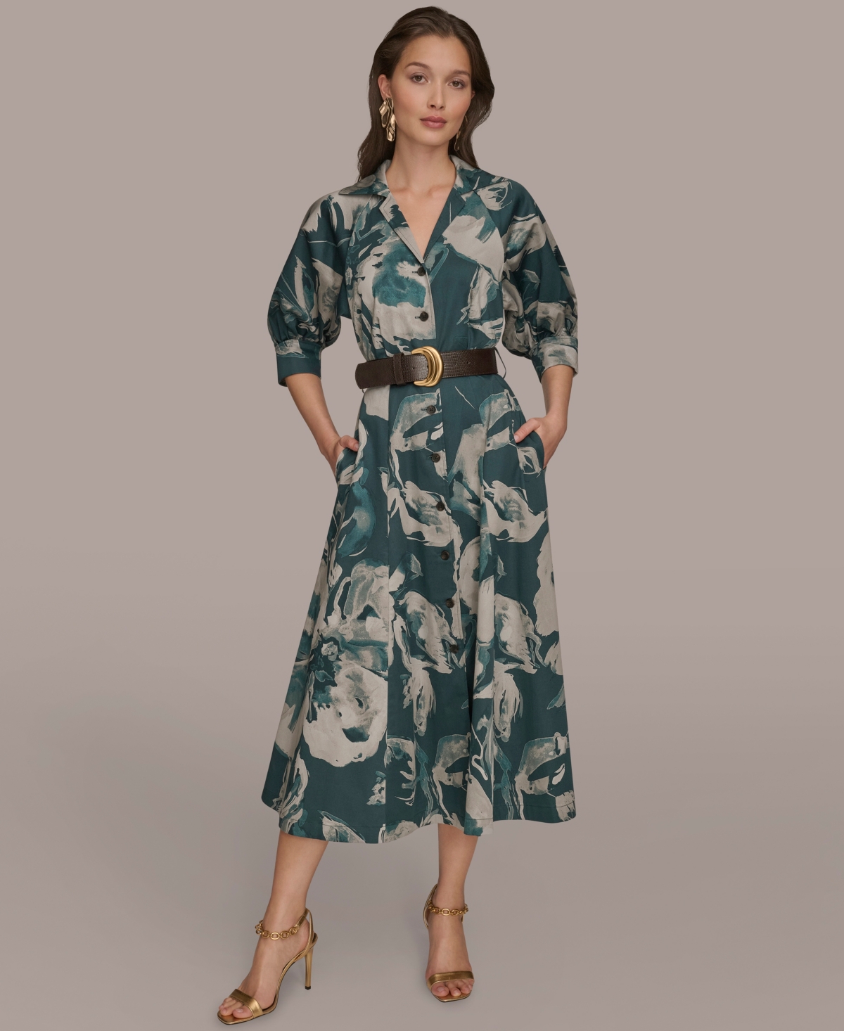 Donna Karan Abstract Floral Belted Midi Shirtdress In Green