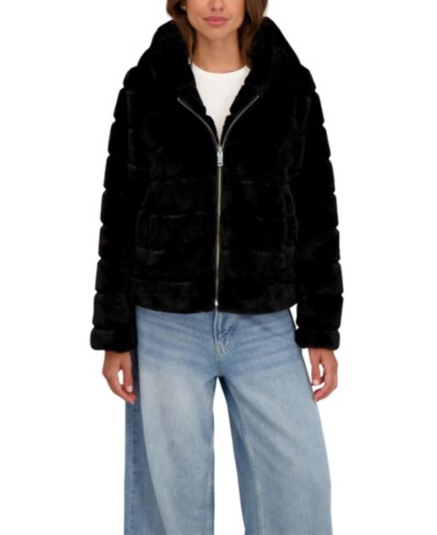 Женская куртка Sebby Collection Hooded Grooved Short Faux Fur, цвет: Чёрный