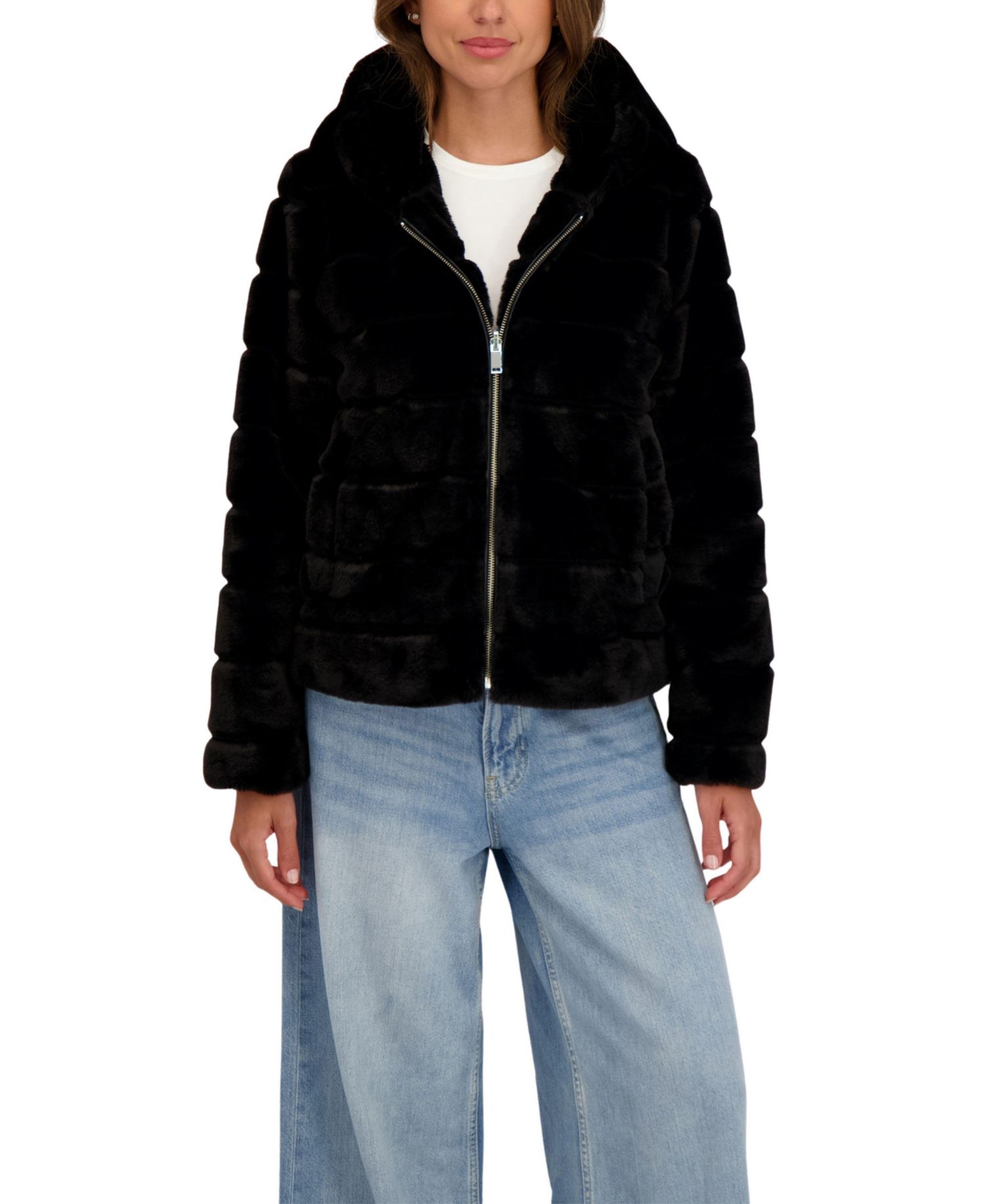 Women's Hooded Grooved Short Faux Fur Jacket