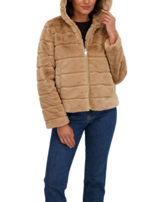Women's Hooded Grooved Short Faux Fur Jacket