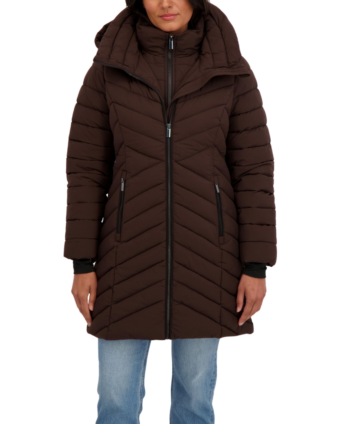 Sebby Collection Women's 3/4 Hooded Stretch Puffer with Bib - Brown