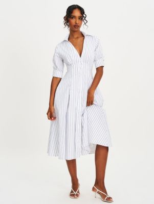 Women's Palina Pinstripes Cotton Poplin Pleated Midi Preppy Shirt Dress