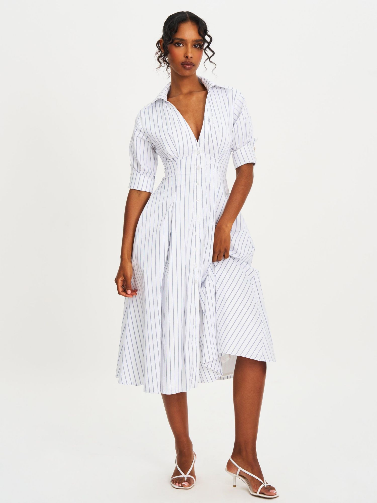 Women's Palina Pinstripes Cotton Poplin Pleated Midi Preppy Shirt Dress