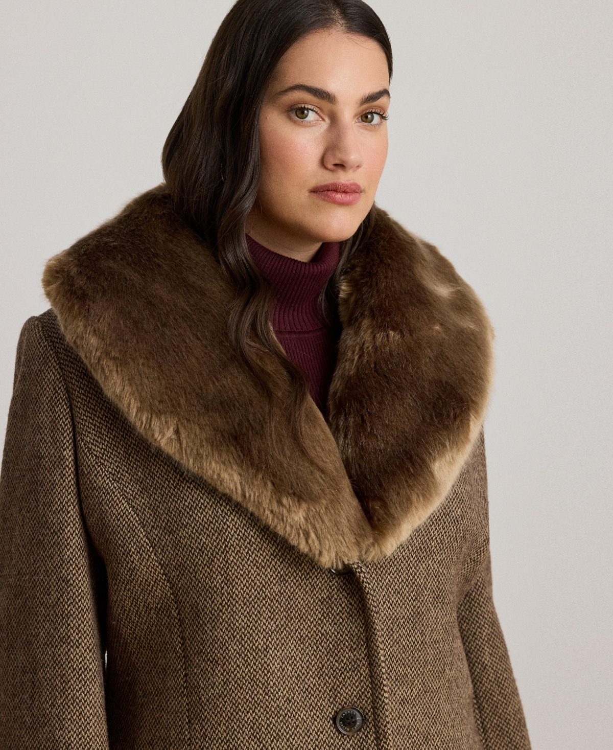 Ralph Lauren Plus Size Faux-fur-collar Coat In Brown