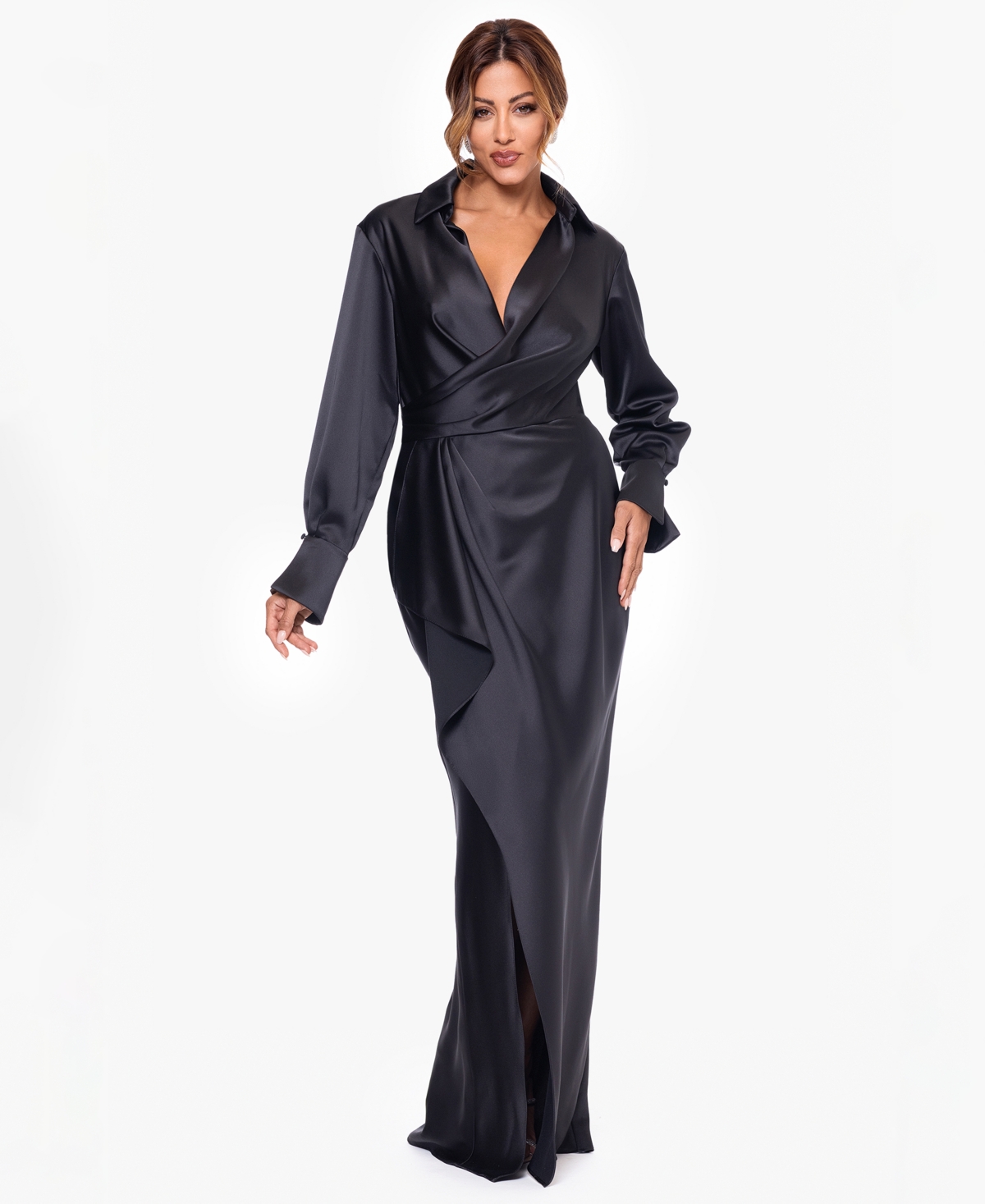 Xscape Petite Long Sleeves Shirt Dress In Black
