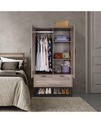 Modern 2-Door Wardrobe Cabinet with Shoe Rack for Bedroom Storage and Organization