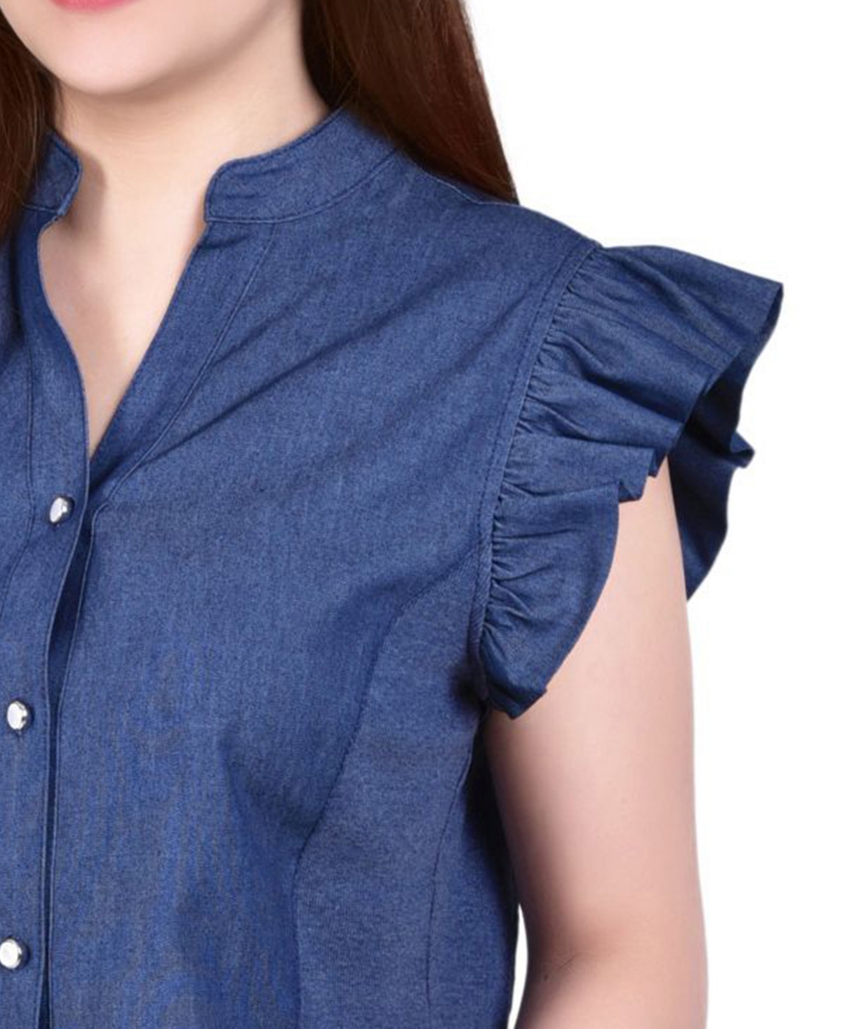 Ny Collection Petite Flutter Sleeve Chambray Top In Blue