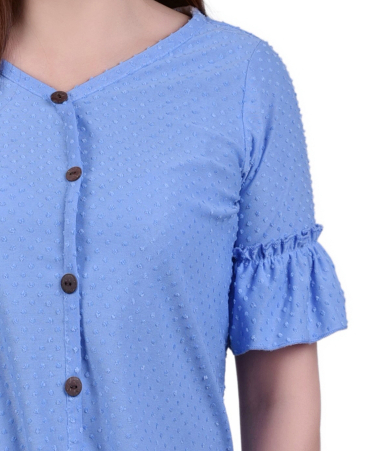 Ny Collection Petite Short Sleeve Tie Waist Swiss Dot Top In Blue