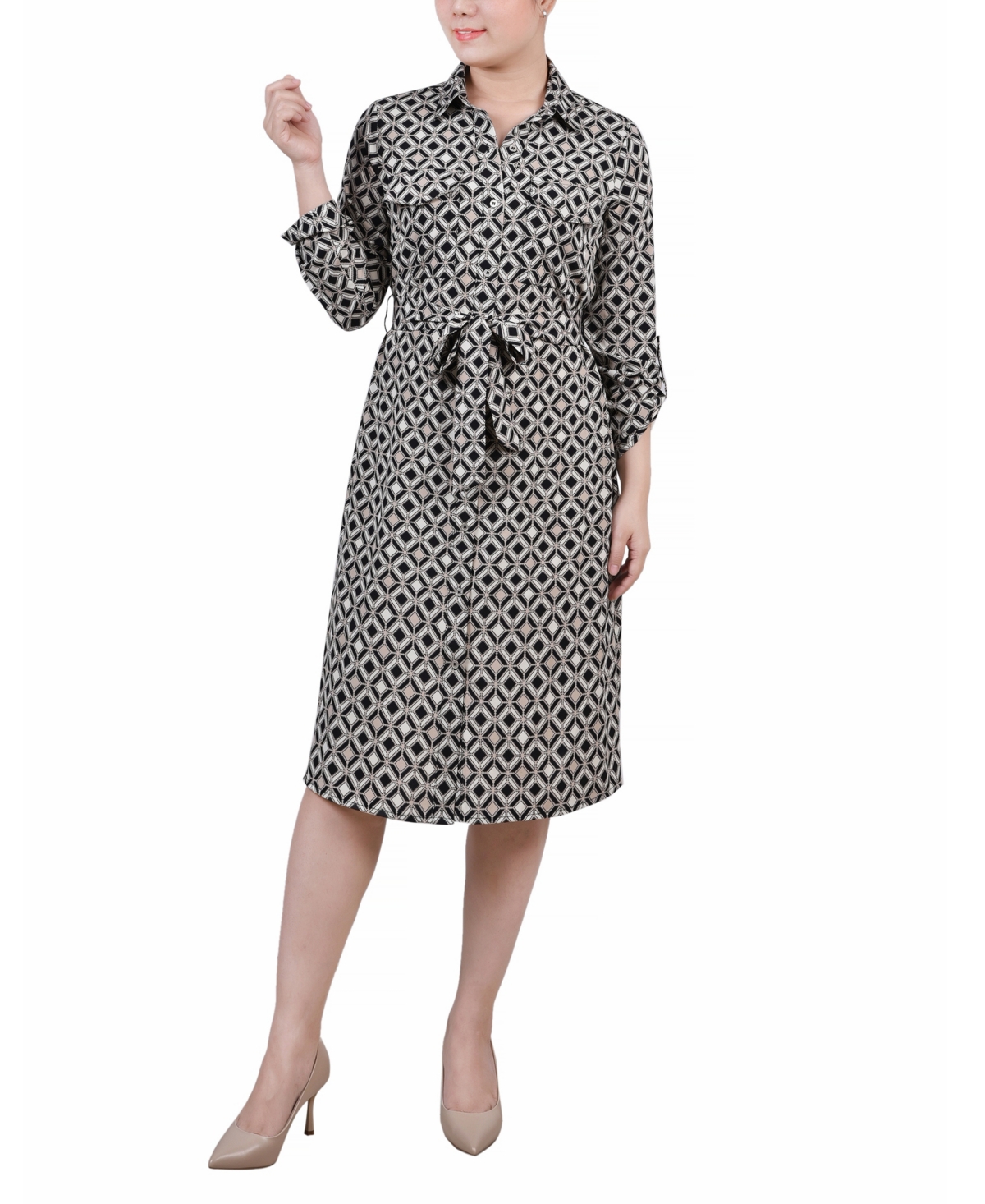 Ny Collection Petite 3/4 Roll Tab Sleeve Belted Shirtdress In Gray