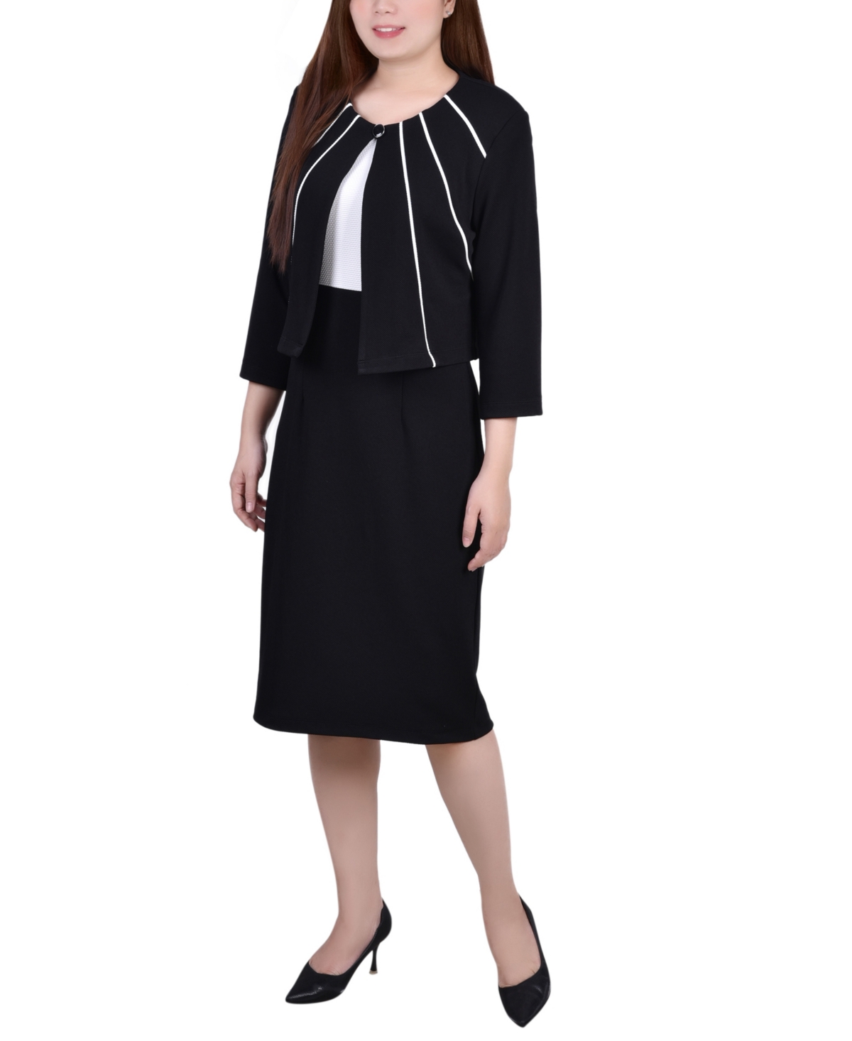 Ny Collection Petite Two Piece Jacket And Dress Set In Black