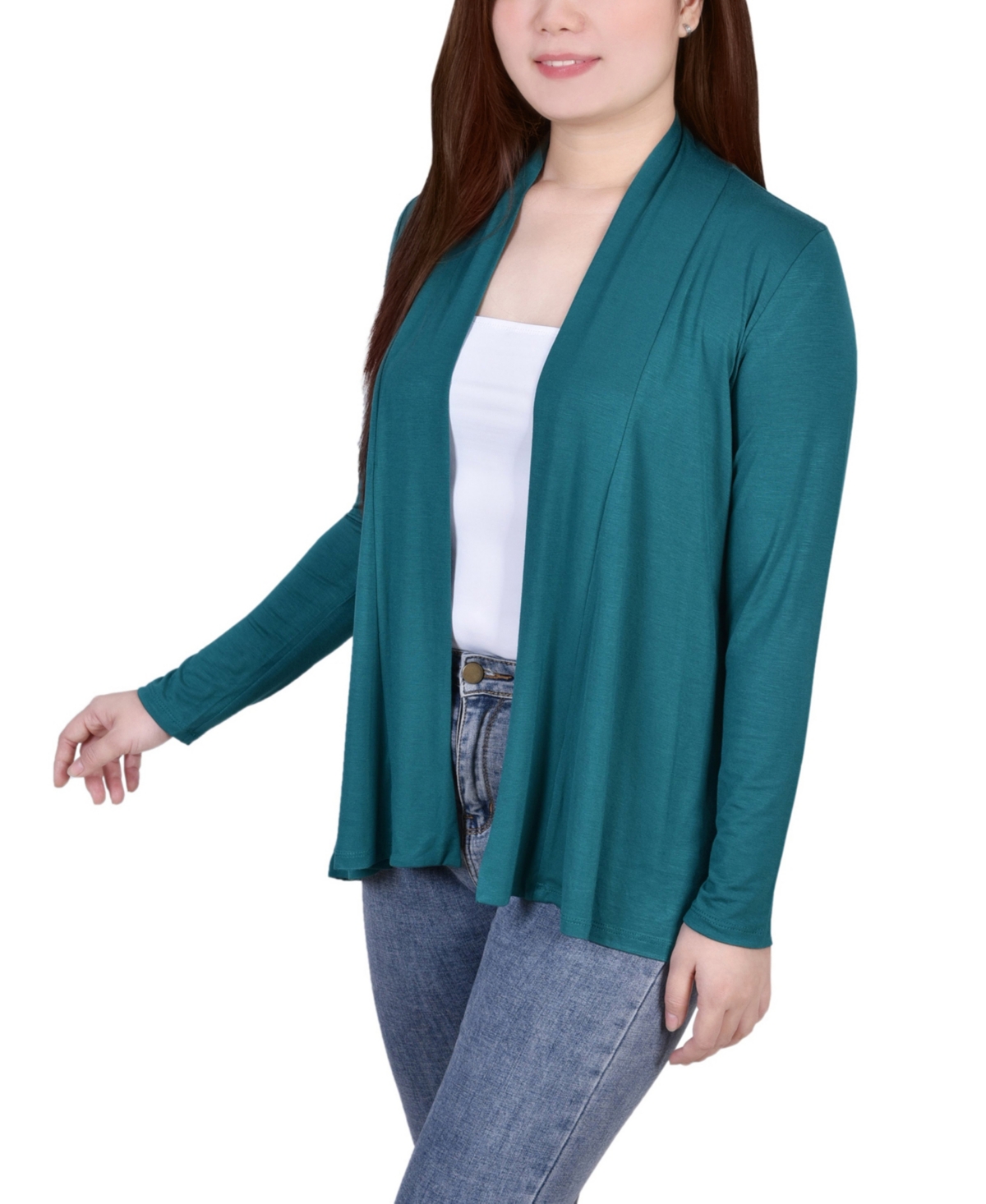 Ny Collection Petite Solid 3/4 Sleeve Cardigan Sweater In Green