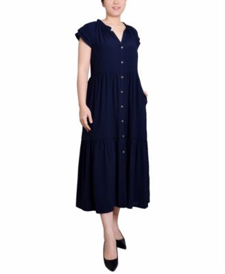 Petite Short Sleeve Midi Slubbed Dress