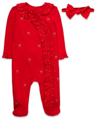 Baby Essentials - Baby Girls 2-Piece All-Over Bow Footed Coverall and Headband Set